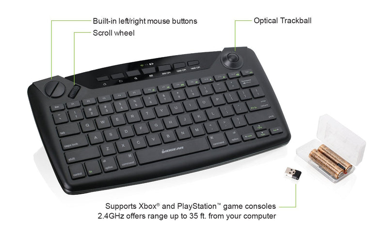 [Australia - AusPower] - IOGEAR Smart TV Wireless Keyboard w/Trackball - 2.4GHz Offers Range Up to 35 ft - Left/Right Mouse Buttons - Xbox - PS4 - Roku - Apple TV - Smart TV - GKB635W 