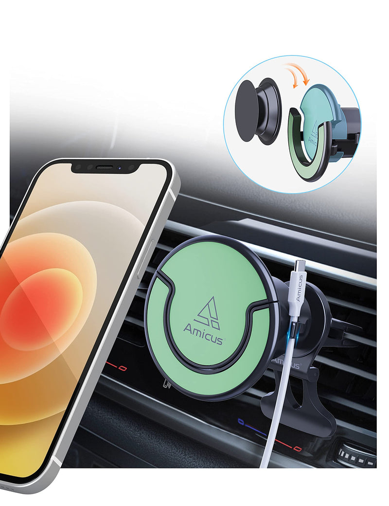 [Australia - AusPower] - Dual Magnetic Car Vent Phone Holder Mount for iPhone 13/12 Series,One Touch Switch to Collapsible Grip/Socket Mount Holder Compatible with Magsafe Case/Charger/Tablets/All Smartphones,Wipe Green Wipe Green 