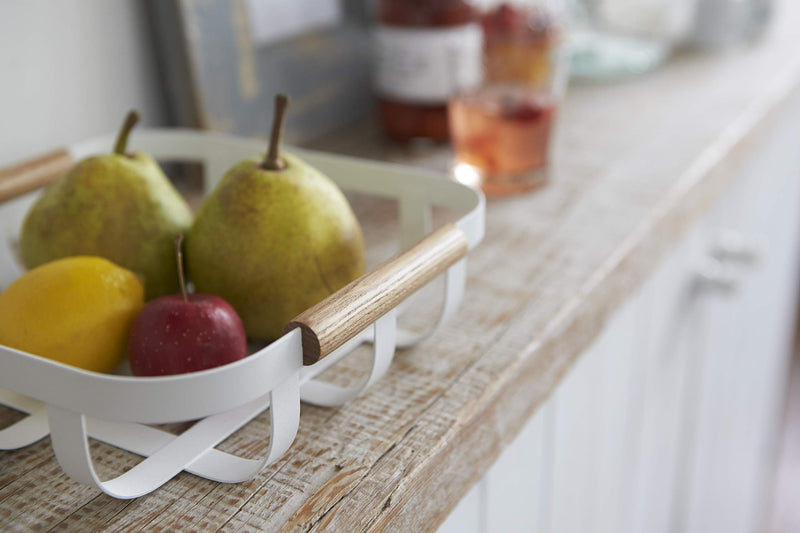 [Australia - AusPower] - Yamazaki Home Kitchen Decorative Metal Holder Bowl | Steel + Wood | Fruit Basket, One Size, White 