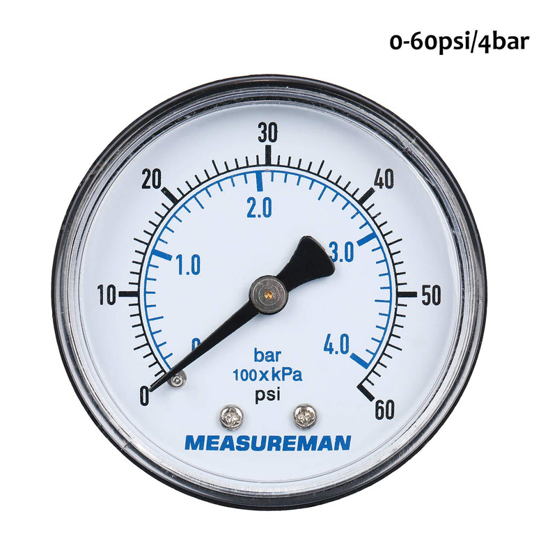 [Australia - AusPower] - Measureman Boxed Pressure Gauge with Dial Replacement for Select Filters, 2" x 1/4"NPT Back, 0-60psi/4bar, +/-3-2-3% Back mount 