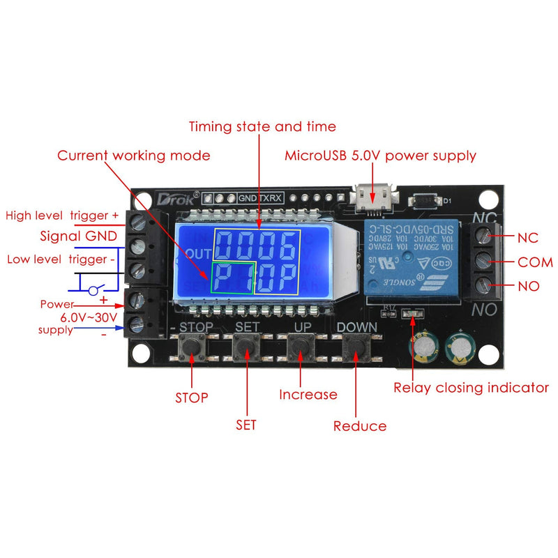 [Australia - AusPower] - DROK Time Delay Relay, Timer Delay Controller Module DC 5V 12V 24V Delay-Off Cycle Timer 0.01s-9999mins Adjustable Trigger Delay Switch Control Relay Board with LCD Display Support Micro USB 5V Input Black 
