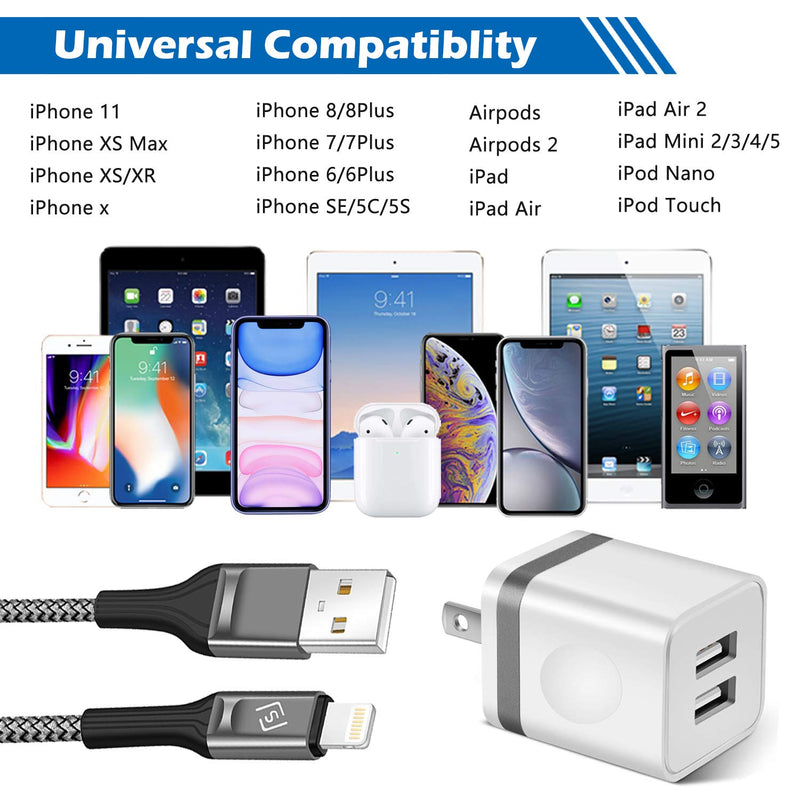 [Australia - AusPower] - WHIRELEAST iPhone Charger Cable 10 FT with Wall Plug, Braided Long iPhone Charging Cord + Dual USB Wall Charger Block Adapter Compatible with iPhone 12/11/11 Pro Max/XS/XR/X/8/7/6 Plus, iPad (4-Pack) 