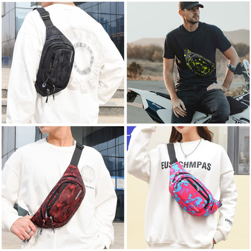 [Australia - AusPower] - NSYOOMH Large Fanny Pack for Women & Men, 5-Zipper Pockets Water Resistant Practical Waist Bag, for Outdoor Running Cycling Sports Travel Hiking Fishing Fashion Camo Black Belt Bags 