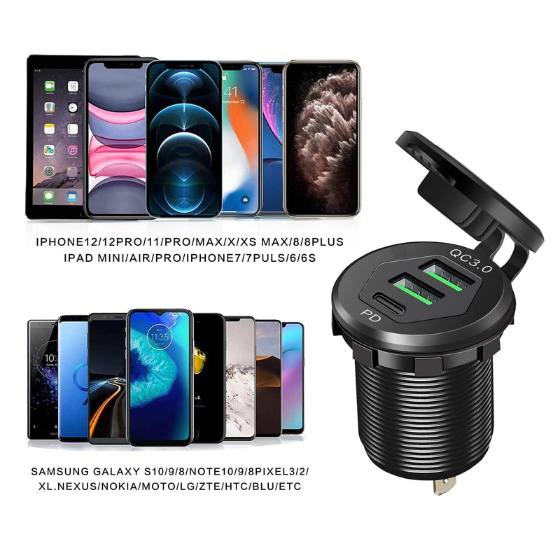 [Australia - AusPower] - 12V USB C Car Charger Socket, Speedcur Three-Port USB Port Charger Socket Power Outlet with PD USB C & Dual QC3.0 Compatible with Phone 13/12 and More 