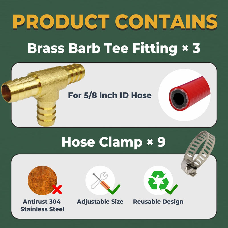 [Australia - AusPower] - LIONMAX Brass Hose Barb Tee Fittings 3 PCS, 5/8" x 5/8" x 5/8" ID Hose Barb, 3 Way Union Barb T Fitting, with 9 Hose Clamps, for Water/Fuel/Air 