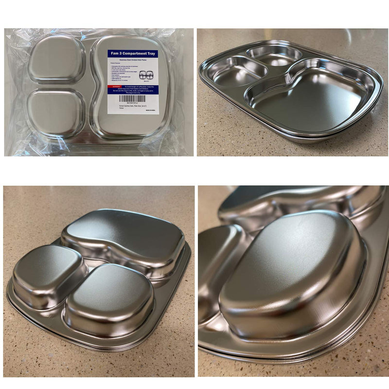 [Australia - AusPower] - Korean Stainless Steel Divided Plates by KS&E, Kids Toddlers Babies Tray, BPA Free, Diet Food Control, Camping Dishes, Compact Serving Platter, Dinner Snack, 3 Compartment Plate Silver, Set of 2 3 Compartments 