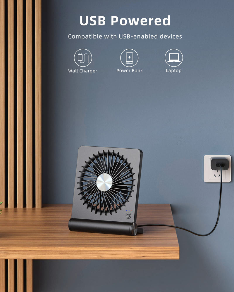 [Australia - AusPower] - Koonie USB Fan, Strong Wind Ultra Quiet Small Desk Fan 180° Tilt Folding 3 Speeds Adjustable USB-C Powered Personal Fan for Home Office Desktop Black 5.71×1.48×6.89 inch 