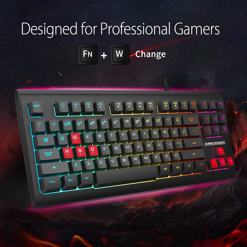 [Australia - AusPower] - Rainbow LED Backlit 87 Keys Gaming Keyboard, Compact Keyboard with 12 Multimedia Shortcut Keys USB Wired Keyboard for PC Gamers Office 