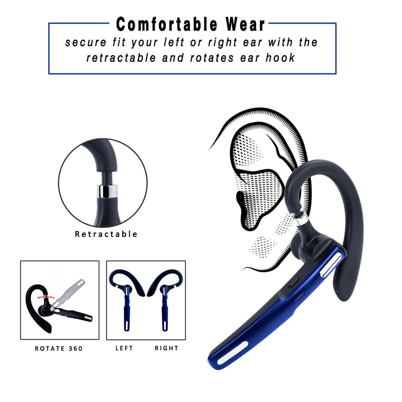 [Australia - AusPower] - Reaton Bluetooth Headset, Phone Wireless Bluetooth Earpiece W/Noise Cancelling Mic,10-Hr Playing Time, Hands Free Wireless Headphone for Cell Phone-Compatible with iOS, Android-Blue Blue 
