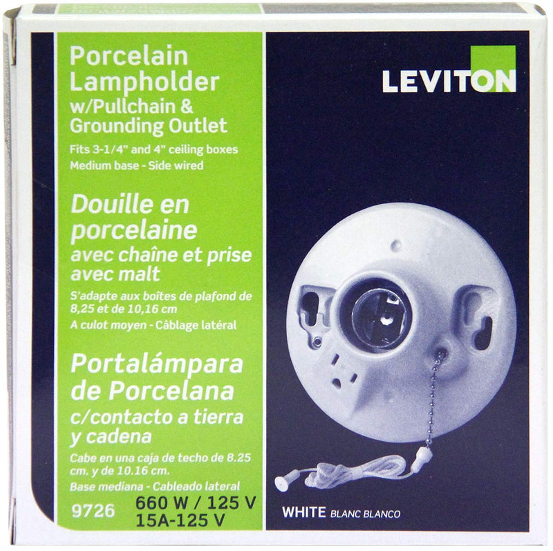 [Australia - AusPower] - Leviton 9726-C One-Piece Glazed Porcelain Outlet Box Mount, Incandescent Lampholder, Pull Chain, Top Wired, White 1 Pack 