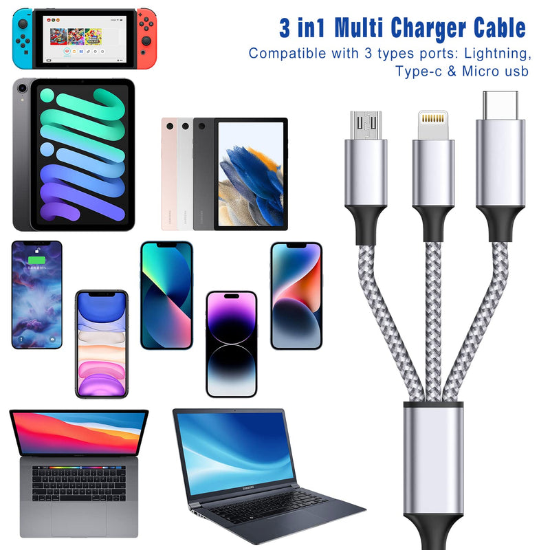[Australia - AusPower] - OCEEK Multi Charging Cable 4FT 3 in 1 Charging Cable Nylon Braided Universal Multiple Fast Charging Cord with Type-C, Micro USB and IP Port for Charging Cell Phones & More 