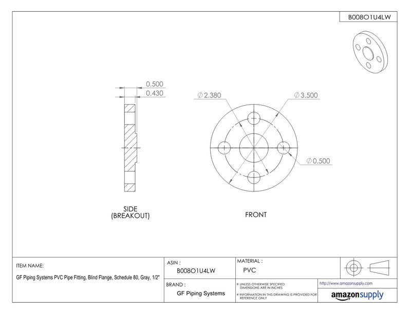 [Australia - AusPower] - GF Piping Systems PVC Pipe Fitting, Blind Flange, Schedule 80, Gray, 1/2" 0.5 Inch 