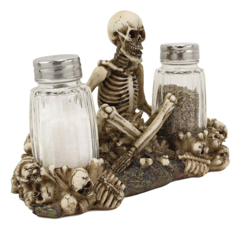 [Australia - AusPower] - Ebros Gothic Day Of The Dead Graveyard Garnish Meditating Skeleton Seated On Graveyard Of Bones And Skulls Salt & Pepper Shakers Holder Figurine Set 6.5" Wide Fantasy Kitchen Decor Statue 