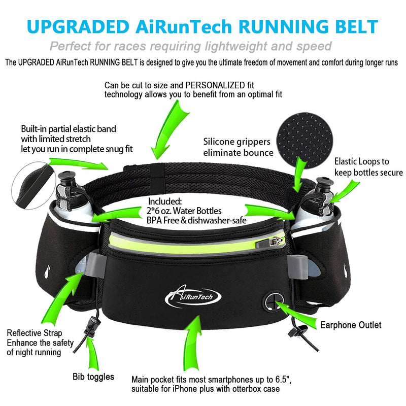 [Australia - AusPower] - AiRunTech Hydration Running Belt with Water Bottles Zero Bounce Design for Marathon, 10K, 5K, Trail, Race Training, Water Belts for Woman Men, Jogging Cycling Biking Waist Pack for Any Phone Size BK 2*6 OZ bottles 