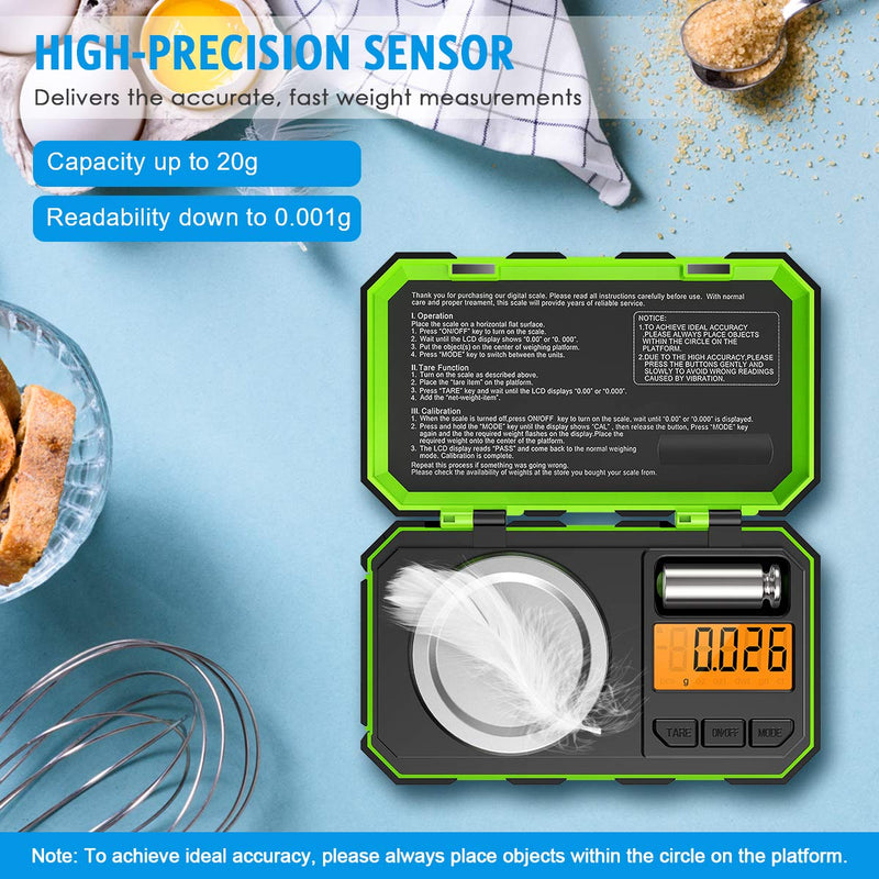 [Australia - AusPower] - (New Version) Professional Digital Mini Scale, 20g-0.001g Pocket Scale, Electronic Smart Scale with 20g calibration weight (Battery/Tweezers Included) Green 