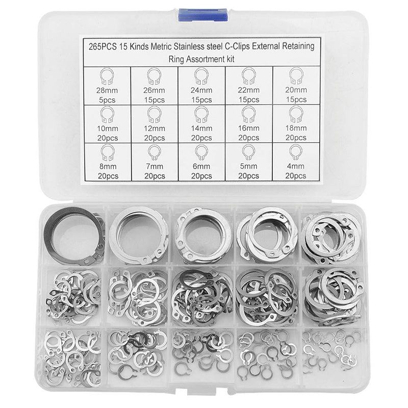 [Australia - AusPower] - XINGYHENG 265Pcs 15 Size Stainless SteelI C-Circlip Snap Ring M4 to M28 GB894 EXternal Retaining Clamps Ring Washer Assortment Kit 