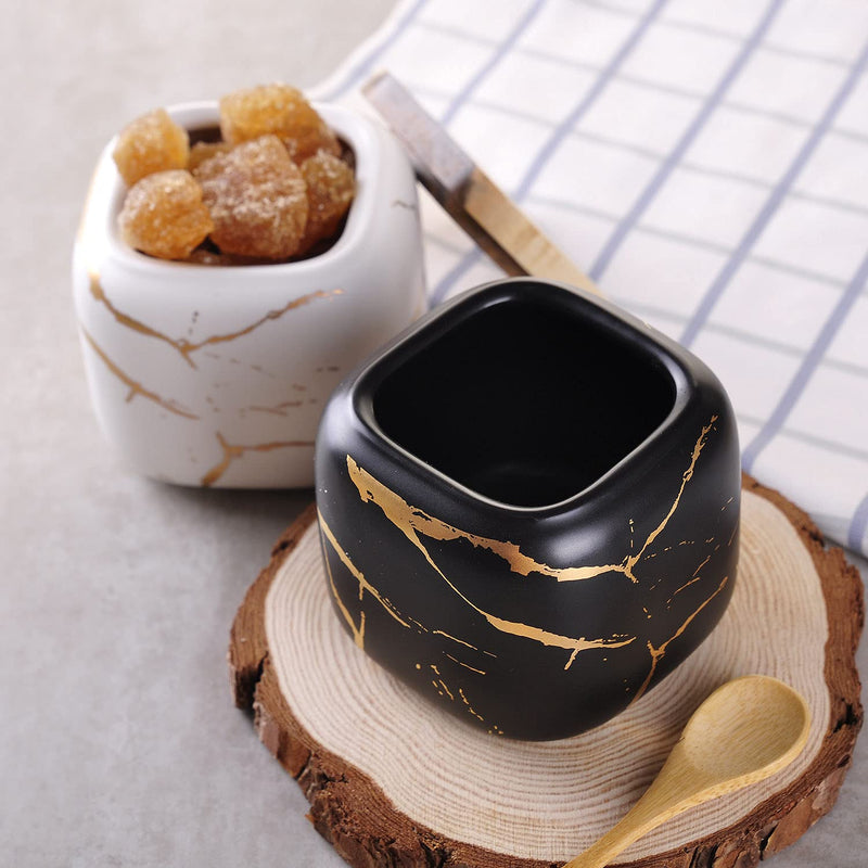 [Australia - AusPower] - VanEnjoy Decorative Marble Inlay Glaze Ceramic Sugar Spice Containers Porcelain Jar with Bamboo Lid and Spoon Condiment Jar for Home White 