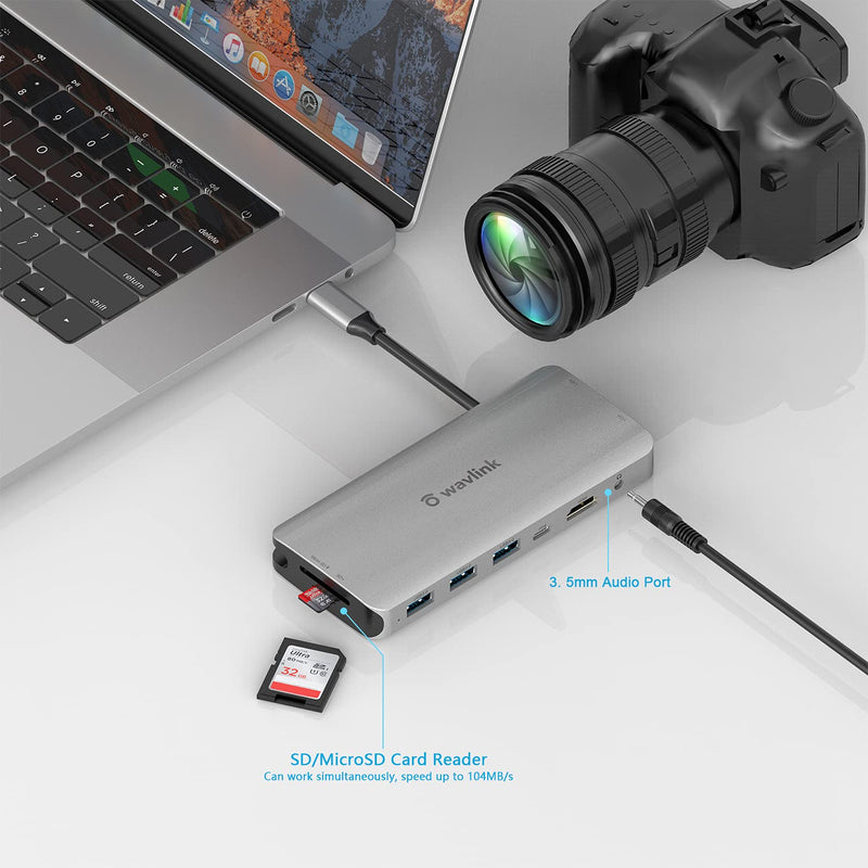 [Australia - AusPower] - WAVLINK USB C Hub, 10-in-1 Type C Adapter Mini Docking Station with 4K 30Hz HDMI, 2K 60Hz VGA, RJ45 Ethernet, 3 USB 3.0, SD/TF Card Reader, 3.5mm Audio Jack, 87W PD for Windows Mac and More 10-in-1 HDMI+VGA+RJ45+60W 