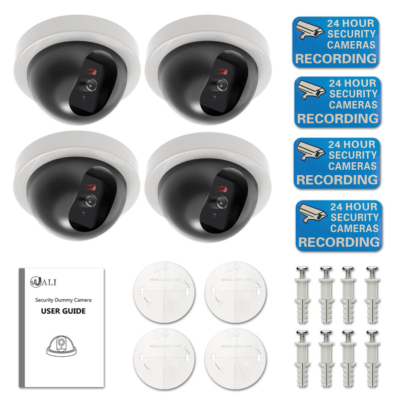 [Australia - AusPower] - WALI Dummy Fake Security CCTV Dome Camera with Flashing Red LED Light with Security Alert Sticker Decals (SDW-4), 4 Packs, White 