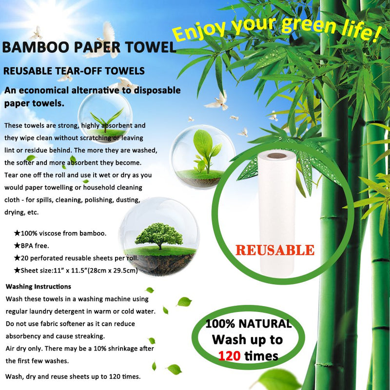 [Australia - AusPower] - Belinlen Washable Bamboo Paper Towels Reuseable & Machine Washable Rayon Made from Bamboo Paper Towel 2 Roll-40 Sheet 