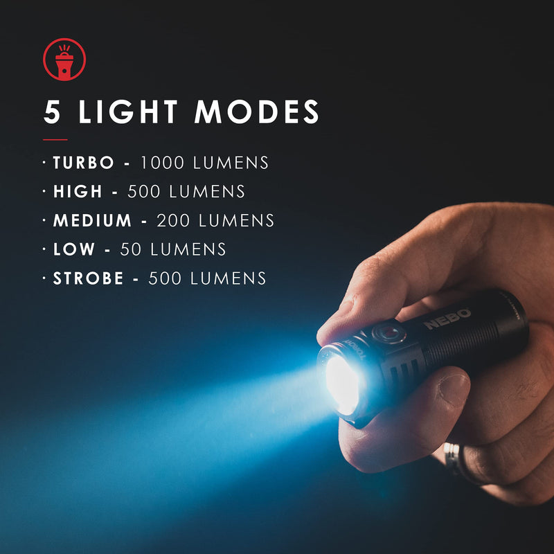 [Australia - AusPower] - NEBO 1000-Lumen Pocket Sized Flashlight: 4 Light Modes Plus Turbo Mode; Water and Impact Resistant; Power Memory Recall; Rechargeable Battery and MagDock Cable Included - 6878, Black 