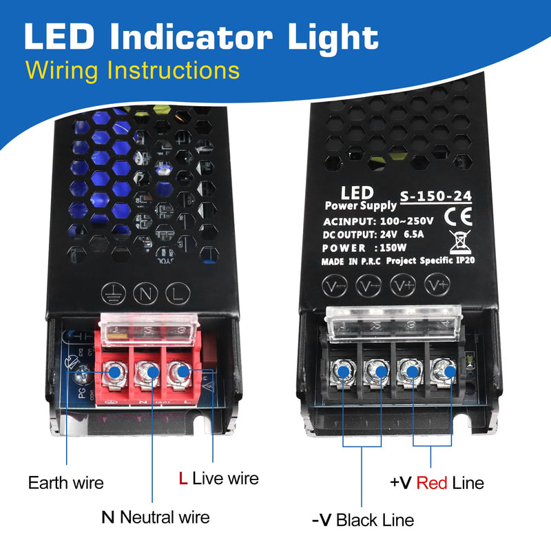 [Australia - AusPower] - PZETCEIR LED Driver 24V 150W 6.5A Slim LED Power Supply, AC 110V/240V to 24V DC Adapter, Constant Voltage LED Transformer for LED Strip Lights, LED Bulbs, Garden Light, LED Cabinet Lights 