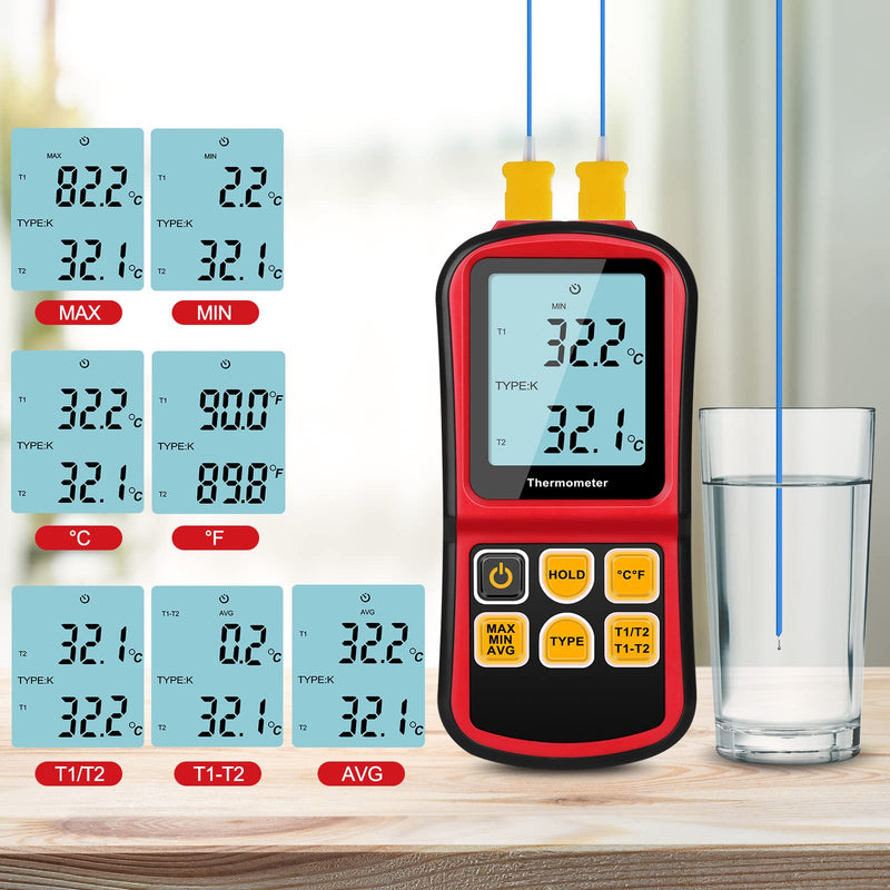 [Australia - AusPower] - Digital Thermometer Dual Channel Thermometer Temperature Thermometer with Two K-Type Thermocouple Probe Backlight LCD K Type Thermometer for K/ J/ T/ E/ R/ S/ N Thermocouple 