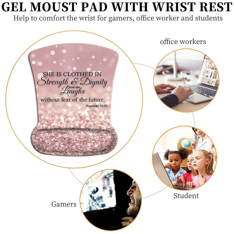 [Australia - AusPower] - Ergonomic Mouse Pad Wrist Support Gel and Keyboard Wrist Rest Set Proverbs 31:25,Bible Verse Pink Glitter Design for Laptop, Mac, Gaming and Office, Durable, Comfortable and Pain Relief + Coaster Yu-mousepad-2-3 