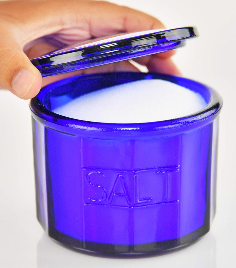 [Australia - AusPower] - HOME-X Depression Style Blue Glass Salt Cellar with Lid, Retro Kitchen Decor, Wedding Gift - 3 1/2" H x 4" D 