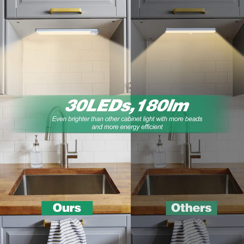 [Australia - AusPower] - Led Under Cabinet Lighting Motion Sensor Under Counter Light with 1000mah Rechargeable Battery, 30 LEDs Wireless Cabinet Lighting for Kitchen, Drawer, Warm White 2Pack 8inch-30LED 