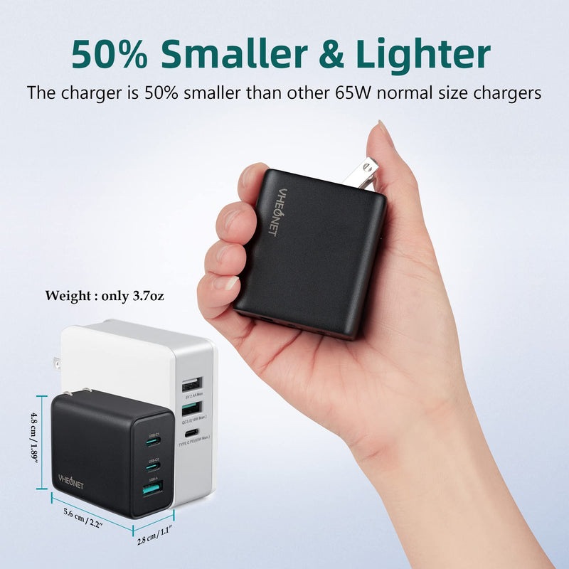 [Australia - AusPower] - 65W GaN USB C Charger 3-Port, VHEONET PD 3.0 Fast Wall Charger Type C Foldable Adapter for iPhone 13/12 Pro Max/12 Pro/12/11, MacBook Pro/Air, iPad Pro, Galaxy S21/S20, Pixel, OnePlus, Switch, PPS 