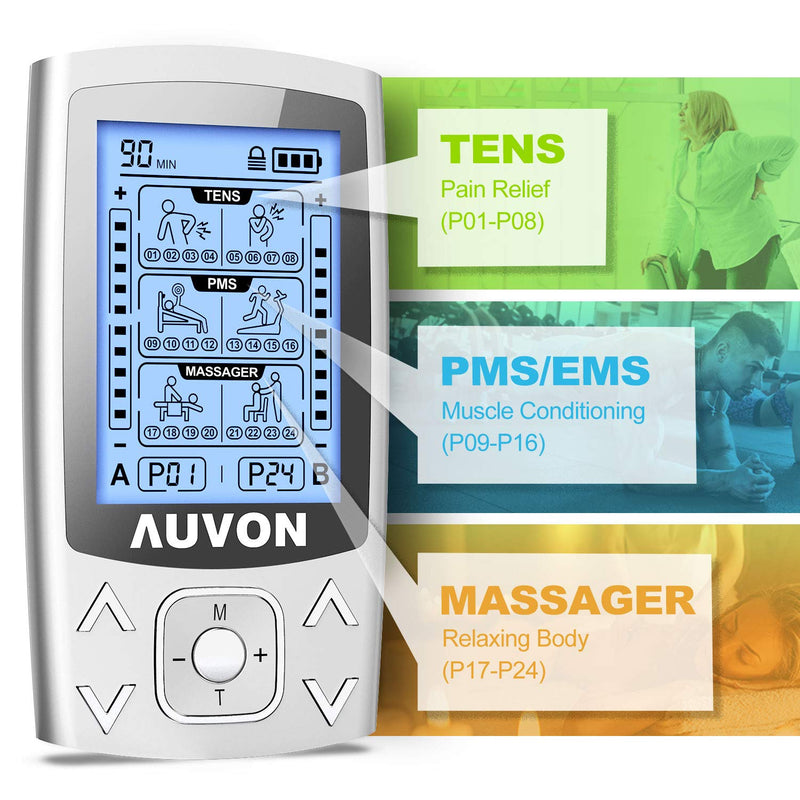 [Australia - AusPower] - AUVON Dual Channel TENS EMS Unit 24 Modes Muscle Stimulator for Pain Relief, Rechargeable TENS Machine Massager with 12 Pads, ABS Pads Holder, USB Cable and Dust-Proof Storage Bag A Sliver 