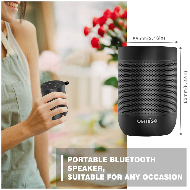 [Australia - AusPower] - Portable Bluetooth Speaker, COMISO Small Wireless Shower Speaker 360 HD Loud Sound Stereo Pairing Waterproof Mini Pocket Size Built in Mic Support TF Card for Travel Outdoors Home Office Black 