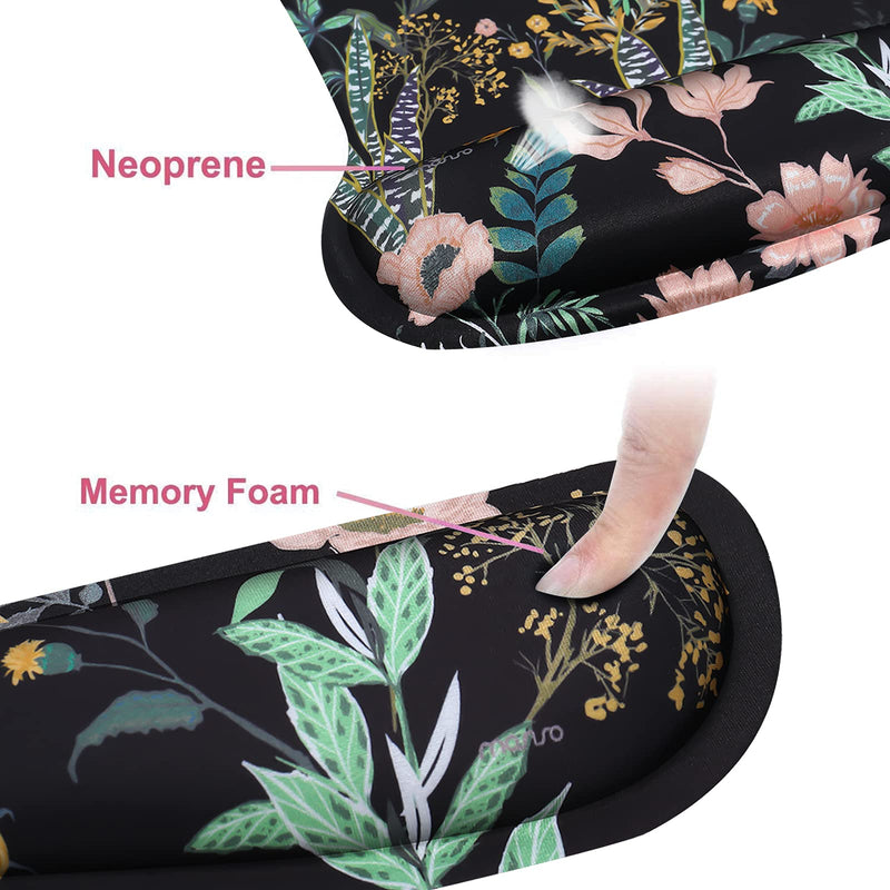 [Australia - AusPower] - MOSISO Wrist Rest Support for Mouse Pad&Keyboard Set, Wild Flowers Ergonomic Mousepad&Coaster Non-Slip Base Home/Office Pain Relief&Easy Typing Cushion with Neoprene Cloth&Raised Memory Foam, Black 