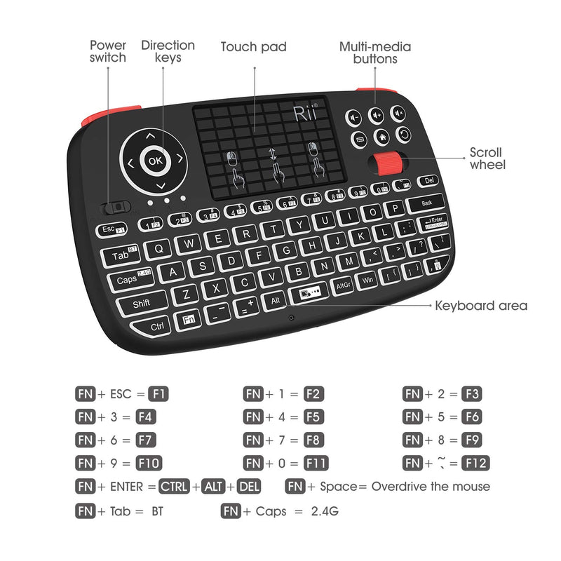 [Australia - AusPower] - (Upgrade) Rii i4 Mini Bluetooth Keyboard with Touchpad, Blacklit Portable Wireless Keyboard with 2.4G USB Dongle for Smartphones, PC, Tablet, Laptop TV Box iOS Android Windows Mac.Black Newest Version i4 BT+2.4G 