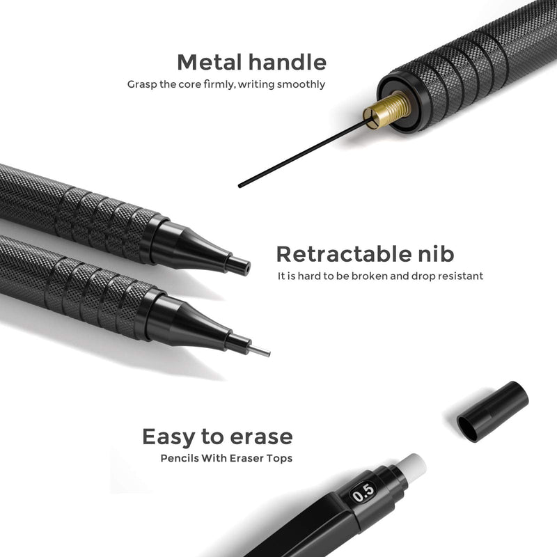 [Australia - AusPower] - Nicpro 0.5 mm Mechanical Pencils Set with Case, 3 Metal Artist Pencil With 6 Tubes HB Lead Refills, 3 Erasers, Eraser Refills For Architect Art Writing Drafting, Drawing, Engineering, Sketching, Black 
