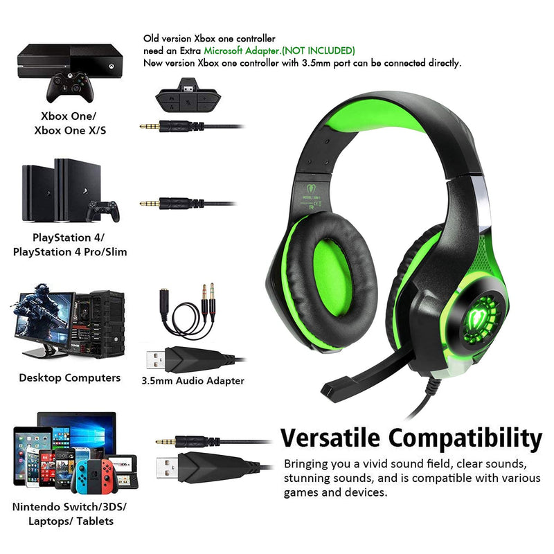[Australia - AusPower] - BlueFire 3.5mm PS4 Gaming Headset Headphone with Microphone and LED Light Compatible with Playstation 4, PS5, Xbox one, PC (Green) Green 