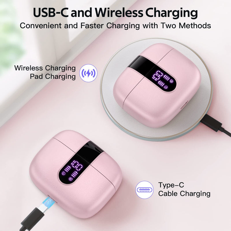 [Australia - AusPower] - TAGRY Bluetooth Headphones True Wireless Earbuds 60H Playback LED Power Display Earphones with Wireless Charging Case IPX5 Waterproof in-Ear Earbuds with Mic for TV Smart Phone Computer Laptop Sports Pink 