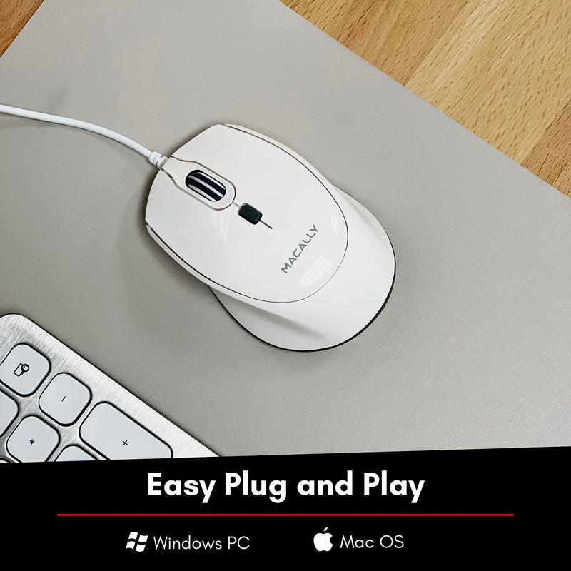 [Australia - AusPower] - Macally USB Wired Mouse for Mac or PC - Comfortable, Smooth, and Quiet - White USB Mouse Wired with 5ft Cable and 4 DPI - Plug and Play Corded Computer Mouse for Laptop or Office Desktop - White 