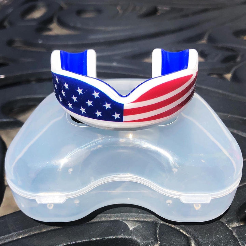 [Australia - AusPower] - Oral Mart Sports Youth Mouth Guard for Kids (USA Flag & Vampire Fangs & 15 Colors) - Youth Mouthguard (BPA Free) MMA, Karate, Flag Football, Martial Arts, Rugby, Boxing, BJJ, Hockey (/w Vented Case) Youth (Age 12 & Below) American Flag 
