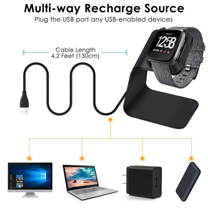 [Australia - AusPower] - CAVN Charger Dock Compatible with Fitbit Versa/Versa Lite (Not for Versa 2), Premium Aluminum Charging Cable Cord Station Cradle Base Attached 4.2ft USB Stand Cable Smartwatch Accessories (Black) Black 