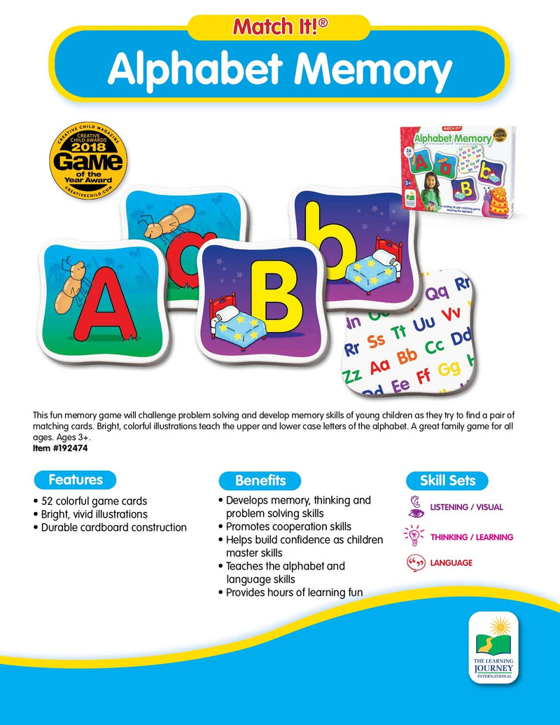 [Australia - AusPower] - The Learning Journey: Match It! Memory - Alphabet - Capital and Lowercase Letter Matching Game with 26 Matching Pairs - Memory Games for Kids 3 and Up - Award Winning Toys Match It! 