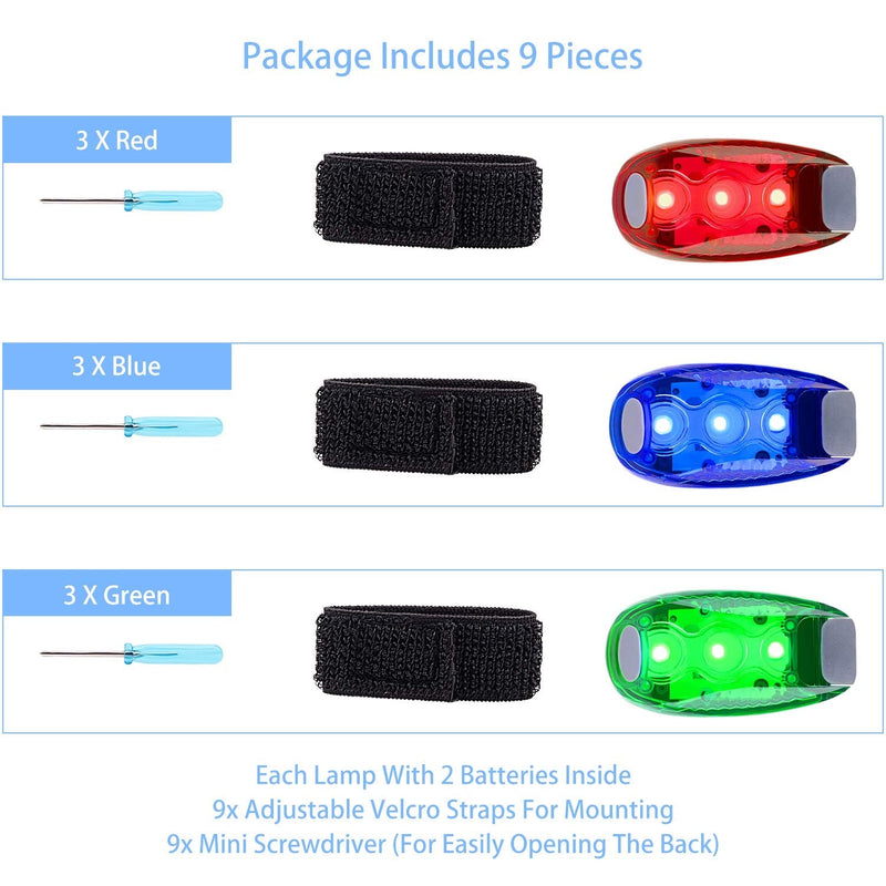 [Australia - AusPower] - 9 Pack Led Safety Light, Safety Light, High Visibility Strobe Running Lights Used For Bicycle, Walking Etc. Clip-On Running Lights Clip To Clothes Strap To Wrist, Bike Or Anywhere(Red/Blue /Green ) 