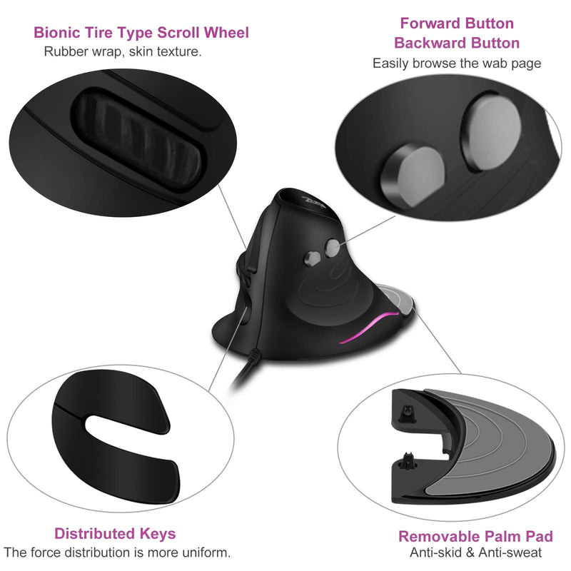 [Australia - AusPower] - TRELC Vertical Ergonomic Optical Mouse with 6 Programmable Buttons, 800-3200 DPI, Removable Palm Rest & Thumb Buttons, Reduces Wrist Pain, RGB Vertical Mice Wired for PC, Desktop, Laptop (Wired) 