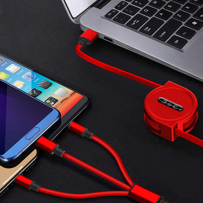 [Australia - AusPower] - Retractable Multi Fast Charging Cables with Mini Type C Micro USB Port Connectors is 3 in 1 Retractable Charger Cables Compatible with Cell Phones Tablets as Gift (4Ft, 2Pack, Black & Red) 