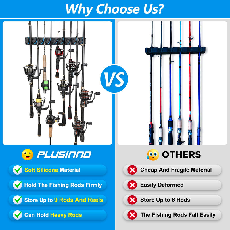 [Australia - AusPower] - PLUSINNO Vertical Fishing Rod Holder, Wall Mounted Fishing Rod Rack, Fishing Pole Holder Holds Up to 9 Rods or Combos, Fishing Rod Holders for Garage, Fits Most Rods of Diameter 3-19mm 