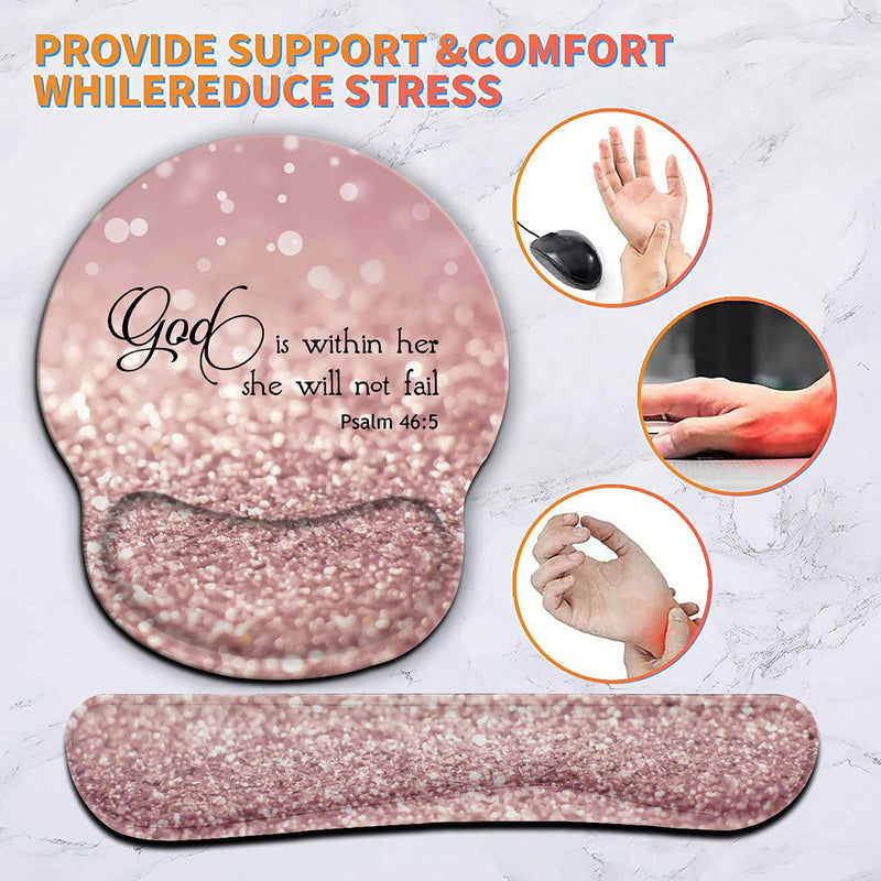 [Australia - AusPower] - Ergonomic Mouse Pad Wrist Support Gel and Keyboard Wrist Rest Set for Laptop, Mac, Gaming and Office, Durable, Comfortable and Pain Relief + Coaster , Psalm 46:5 God is Within Her,She Will Not Fall 