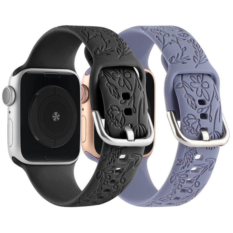 [Australia - AusPower] - 2 Pack Flower Engraved Sport Strap Compatible with Apple Watch Bands 38mm 40mm 41mm, Women Floral Laser Soft Silicone Wristband Replacement iWatch Series 7 6 5 4 3 2 1 SE Black Blue 38/40/41mm 