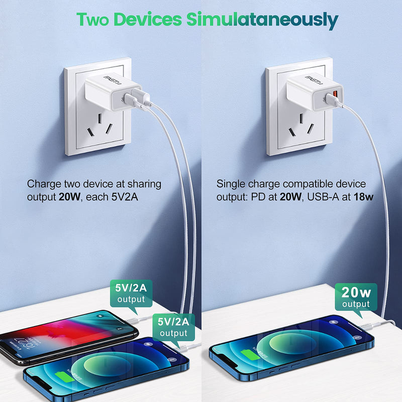 [Australia - AusPower] - 20W Fast USB C Charger, QOMOLAMA 2-Pack [PD 3.0 + Quick Charger 3.0] Dual Port Wall Charger Plug Block, PD Type C Fast Charging Adapter Compatible with iPhone 12/11 /Pro Max, XS/XR/X,8,Samsung Galaxy White 