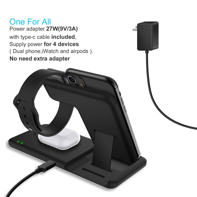 [Australia - AusPower] - LEXONIX 15W Wireless Charger Station, 4 in 1 Fast Wireless Charging Dock Stand for iPhone 11/11 Pro/11 Pro Max/Xs Max/XS/XR/8, Galaxy Note 10/10+/9, S10 S9 S8 Plus, Apple Watch, Airpods/Airdot (Black) 